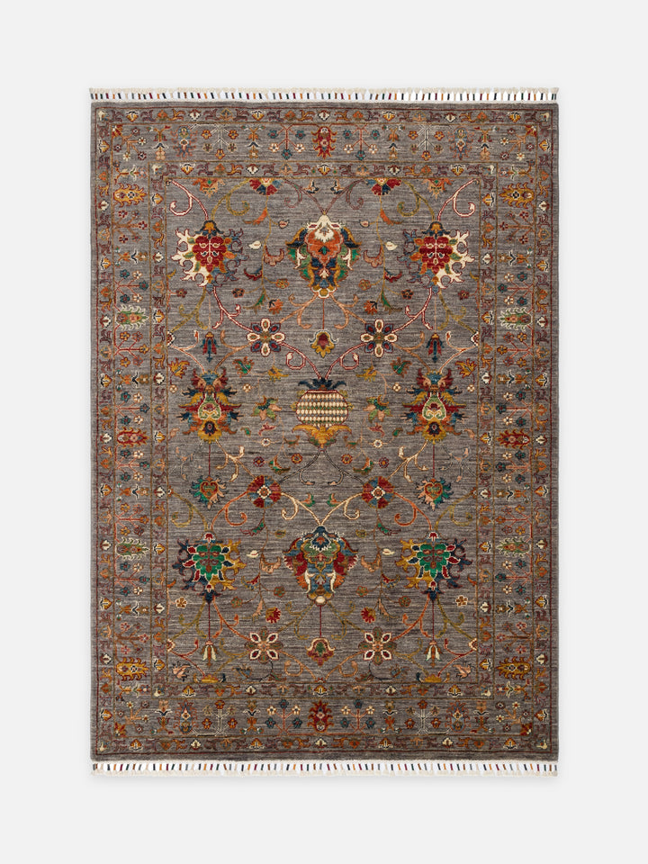 El dokuma Afgan halı gri bitkisel desen 150x209 cm - kusbakisi