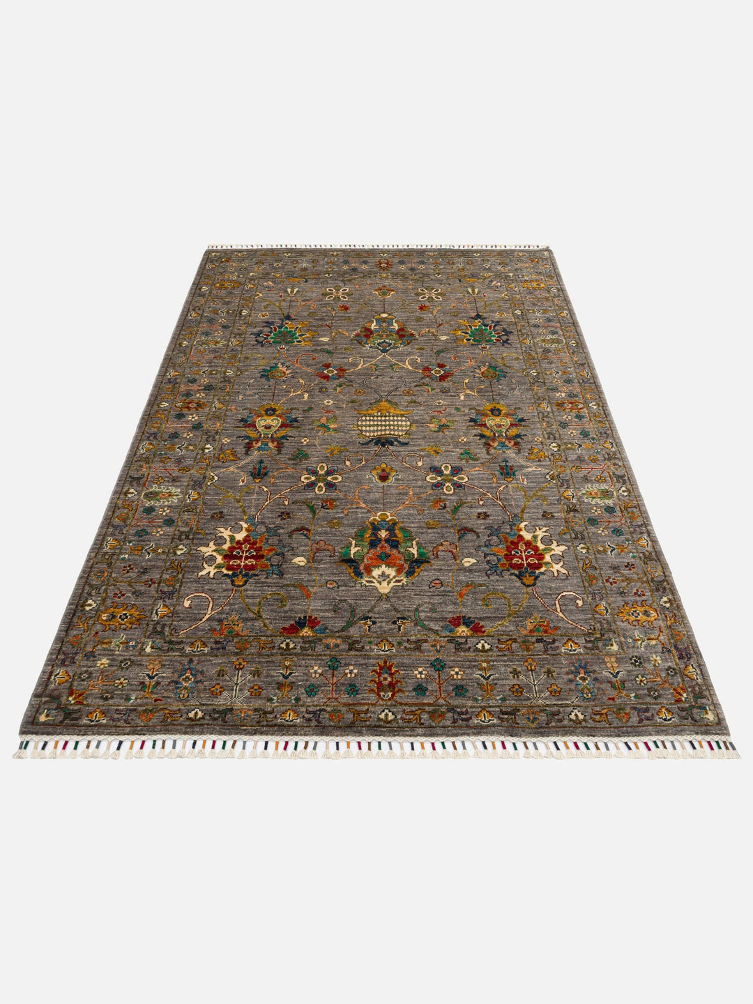 El dokuma Afgan halı gri bitkisel desen 150x209 cm