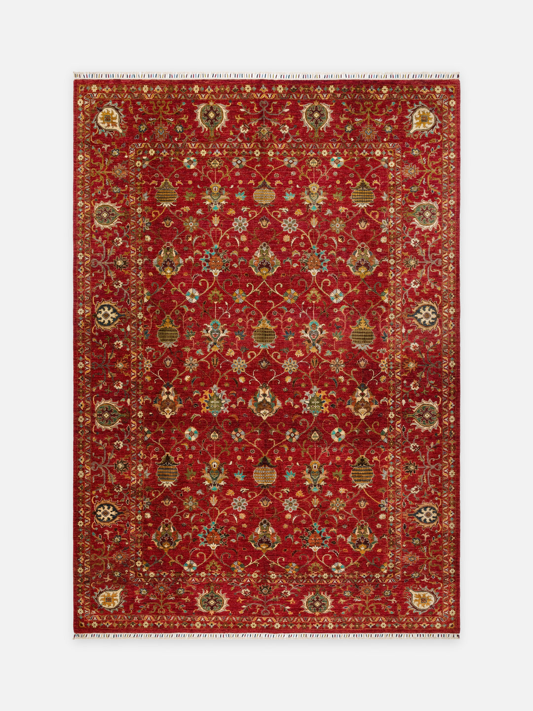 El dokuma Afgan halı kırmızı Şah Abbas palmet rozet kuşbakışı 276x378 cm
