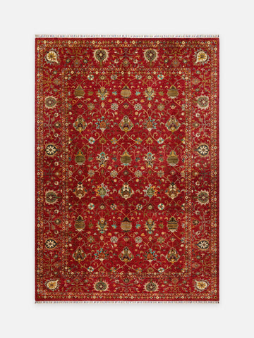El dokuma Afgan halı kırmızı Şah Abbas palmet rozet kuşbakışı 276x378 cm