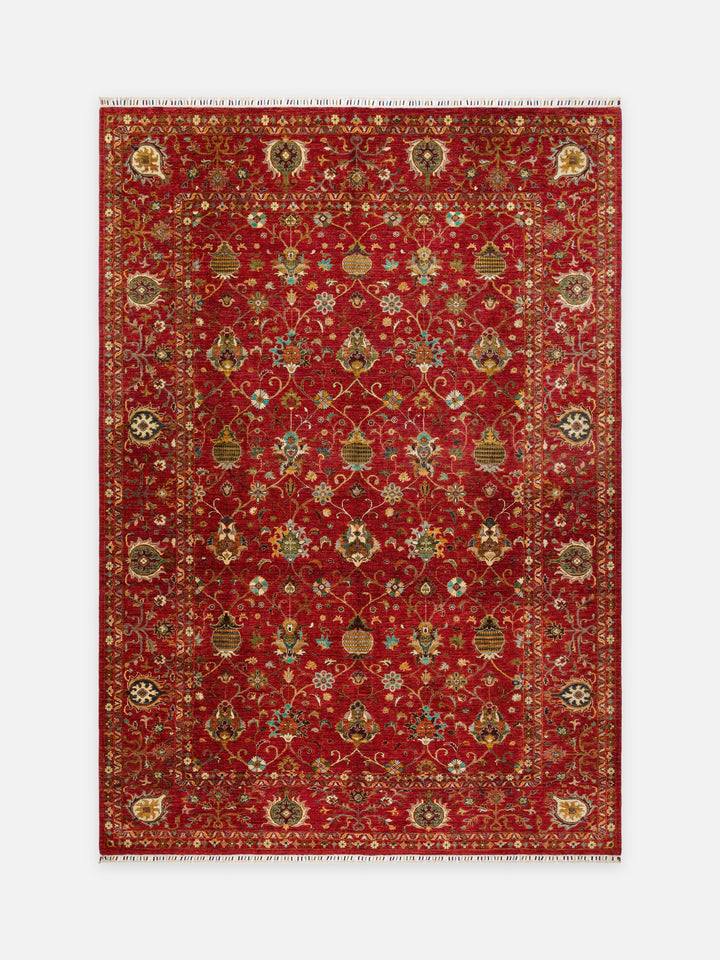 El dokuma Afgan halı kırmızı Şah Abbas palmet rozet kuşbakışı 276x378 cm