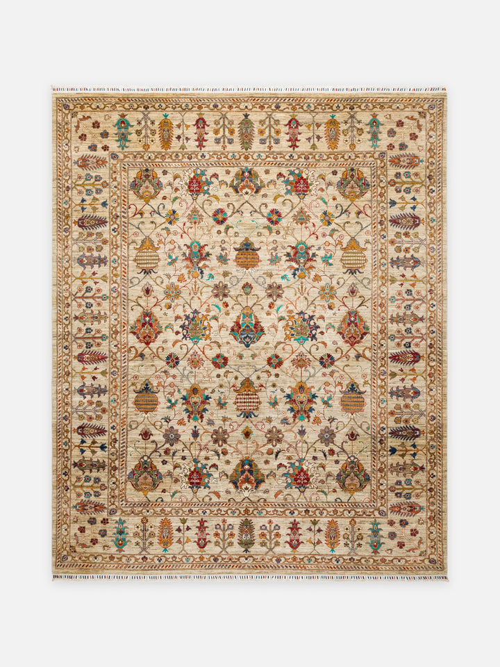 El dokuma Afgan halı krem Şah Abbas palmet rozet kuşbakışı 250x305 cm