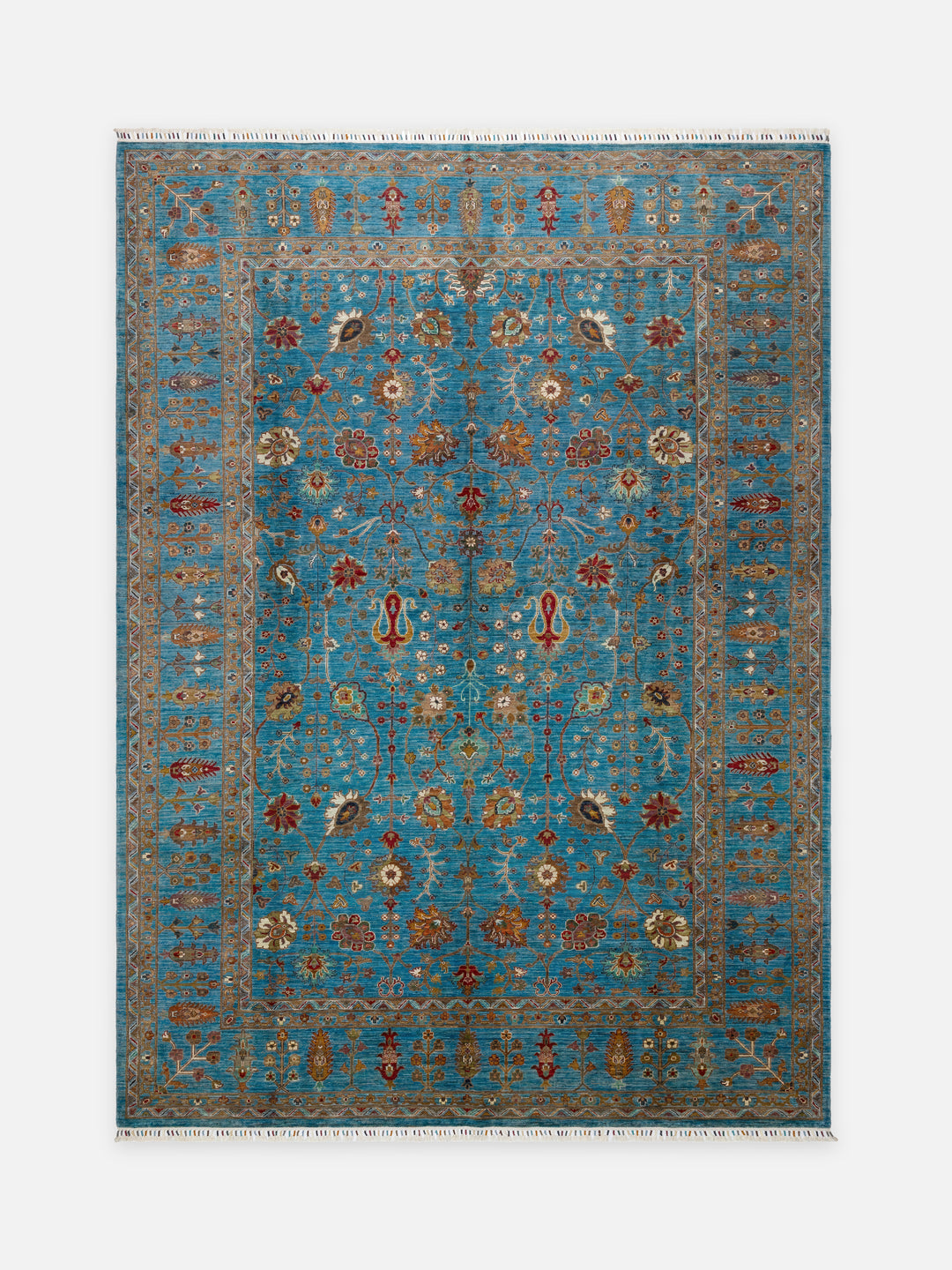 El dokuma Afgan halı petrol mavisi Şah Abbas palmet rozet kuşbakışı 271x379 cm
