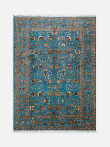 El dokuma Afgan halı petrol mavisi Şah Abbas palmet rozet kuşbakışı 271x379 cm