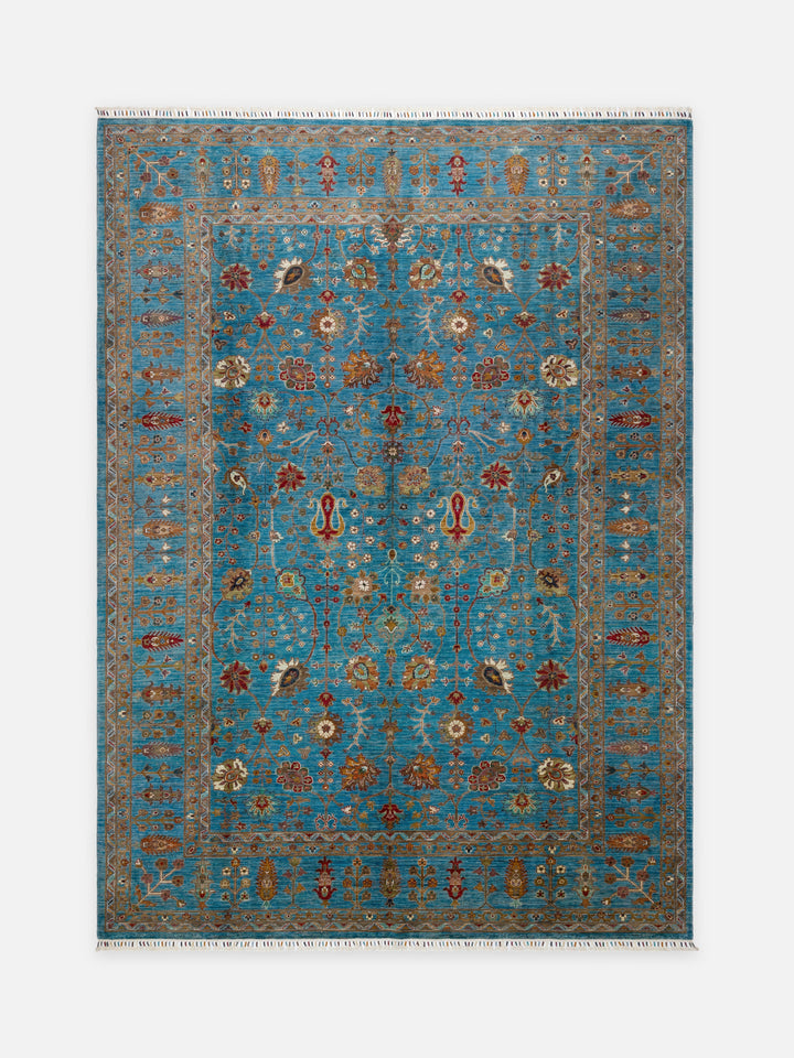 El dokuma Afgan halı petrol mavisi Şah Abbas palmet rozet kuşbakışı 271x379 cm