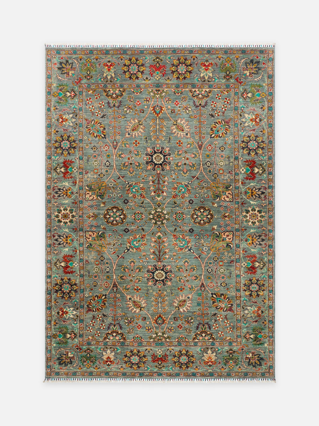 El dokuma Afgan halı petrol mavisi Şah Abbas palmet rozet kuşbakışı 211x306 cm