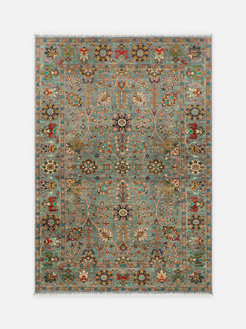 El dokuma Afgan halı petrol mavisi Şah Abbas palmet rozet kuşbakışı 211x306 cm