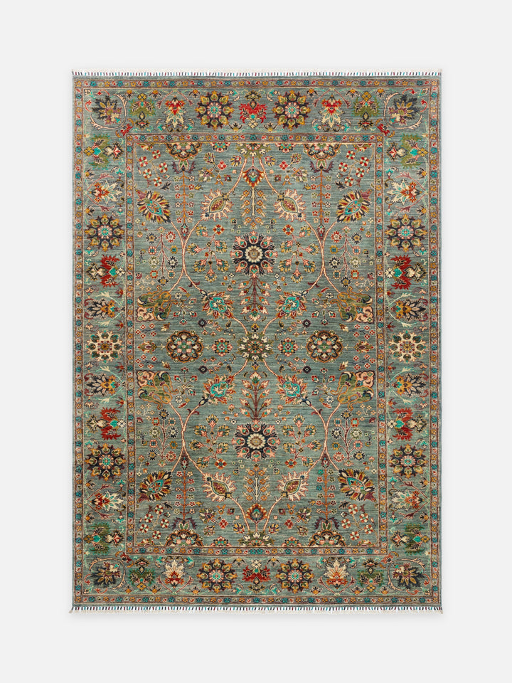 El dokuma Afgan halı petrol mavisi Şah Abbas palmet rozet kuşbakışı 211x306 cm