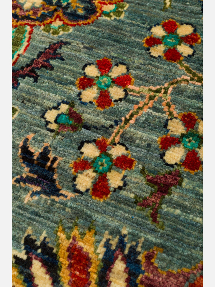 El dokuma Afgan halı petrol mavisi rozet detay 211x306 cm