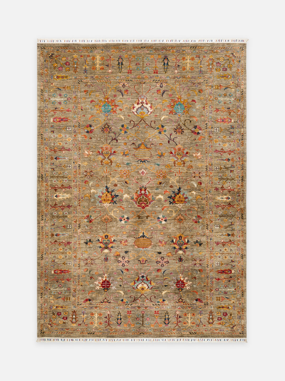 El dokuma Afgan halı taba bej Şah Abbas palmet rozet kuşbakışı 211x298 cm