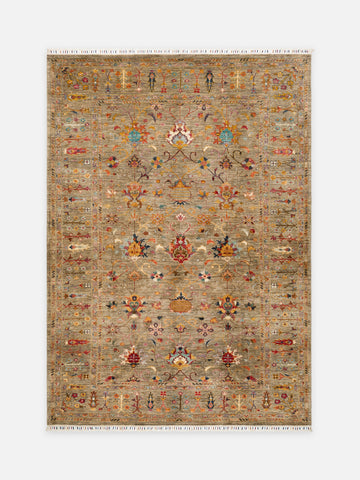 El dokuma Afgan halı taba bej Şah Abbas palmet rozet kuşbakışı 211x298 cm