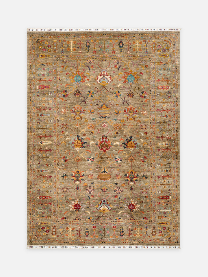El dokuma Afgan halı taba bej Şah Abbas palmet rozet kuşbakışı 211x298 cm