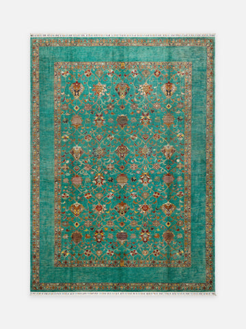 El dokuma Afgan halı turkuaz Şah Abbas palmet rozet kuşbakışı 268x365 cm
