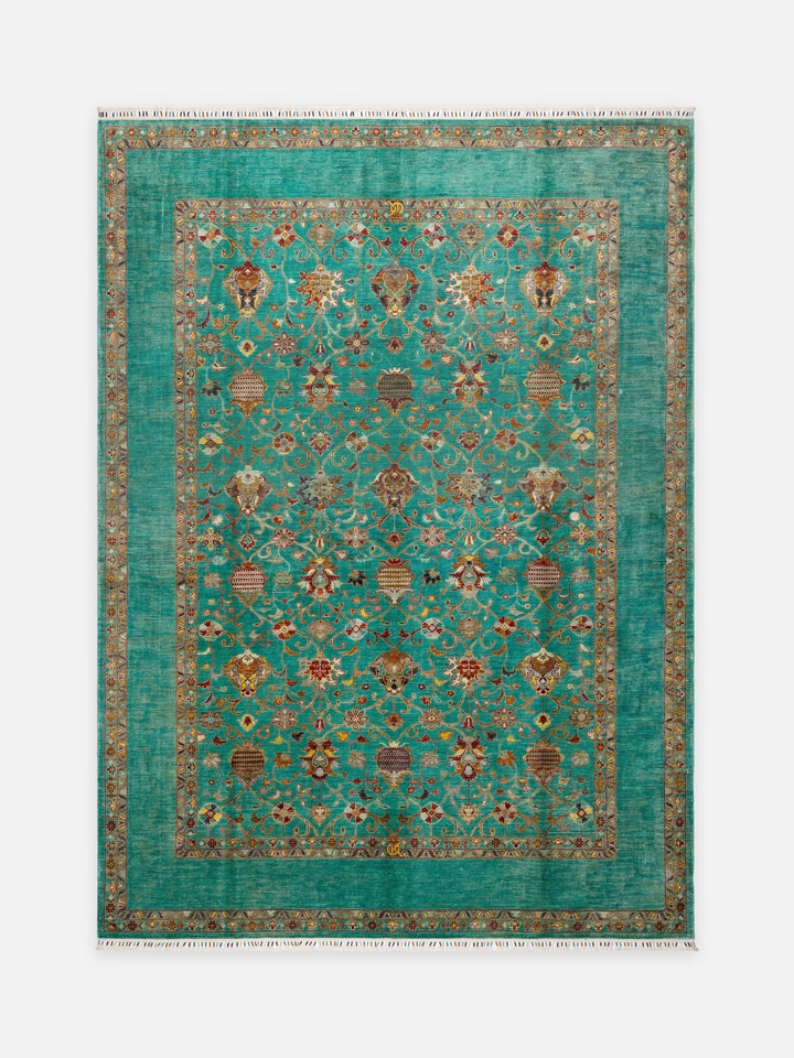 El dokuma Afgan halı turkuaz Şah Abbas palmet rozet kuşbakışı 268x365 cm