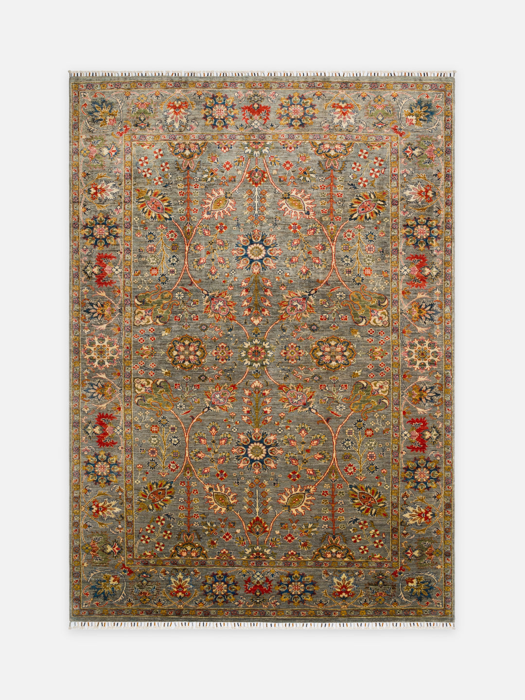 El dokuma Afgan halı zeytin yeşili Şah Abbas palmet rozet kuşbakışı 201x284 cm