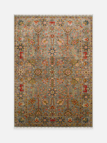 El dokuma Afgan halı zeytin yeşili Şah Abbas palmet rozet kuşbakışı 201x284 cm