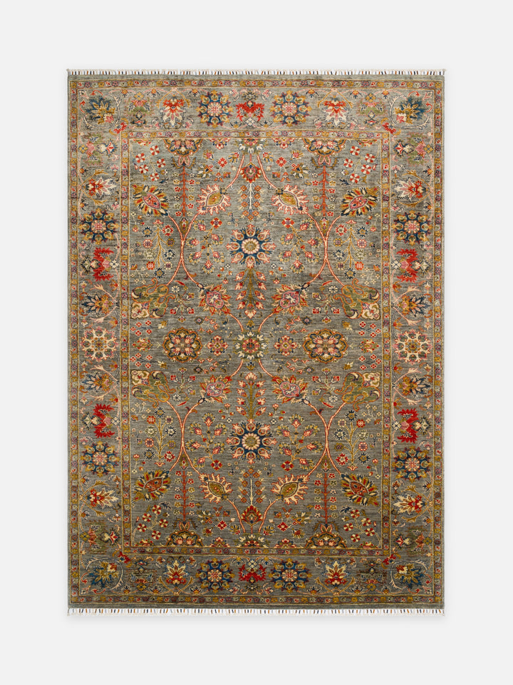 El dokuma Afgan halı zeytin yeşili Şah Abbas palmet rozet kuşbakışı 201x284 cm
