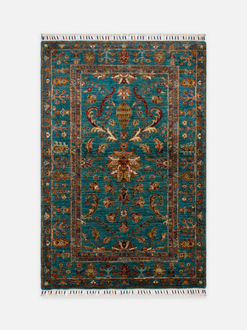 El dokuma Afgan halı petrol mavisi bitkisel desen 104x154 cm - kusbakisi