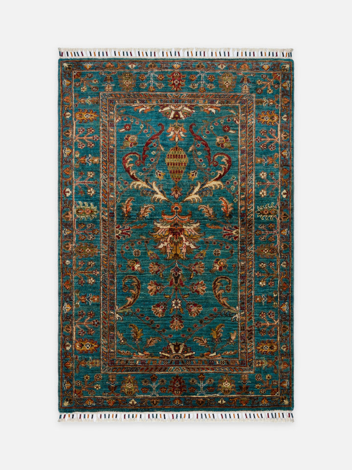 El dokuma Afgan halı petrol mavisi bitkisel desen 104x154 cm - kusbakisi