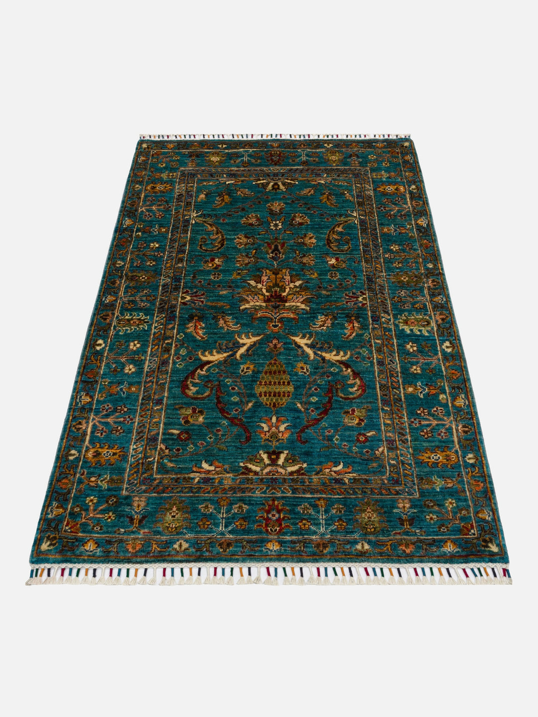 El dokuma Afgan halı petrol mavisi bitkisel desen 104x154