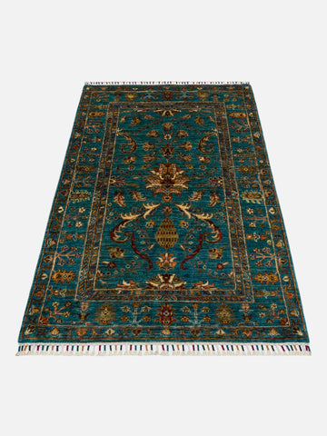 El dokuma Afgan halı petrol mavisi bitkisel desen 104x154