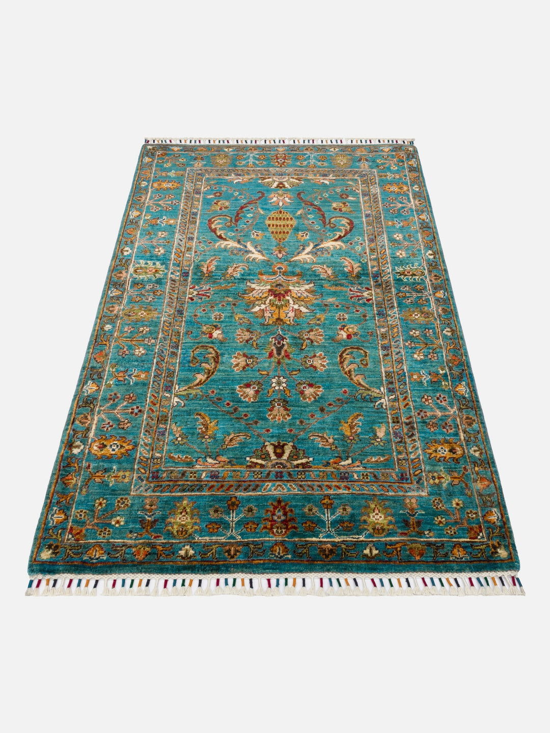 El dokuma Afgan halı petrol mavisi bitkisel desen 104x154