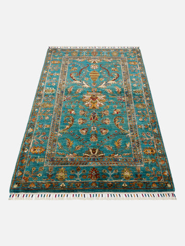 El dokuma Afgan halı petrol mavisi bitkisel desen 104x154
