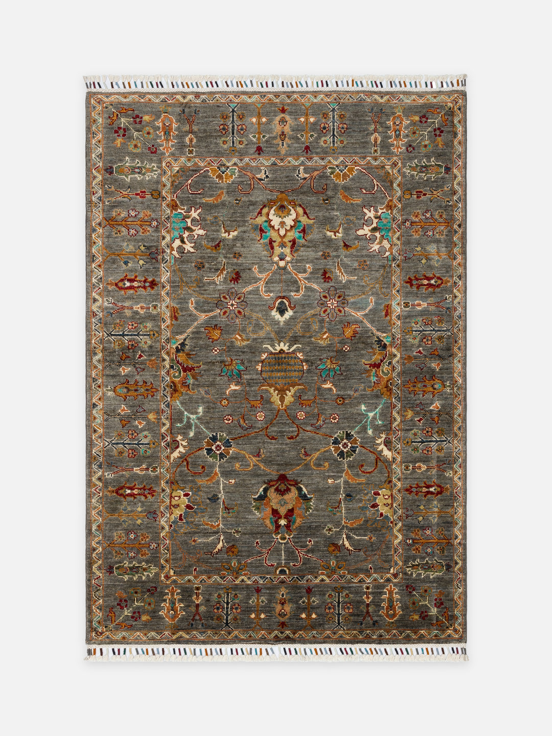 El dokuma Afgan halı gri bitkisel desen 122x177 cm - kusbakisi