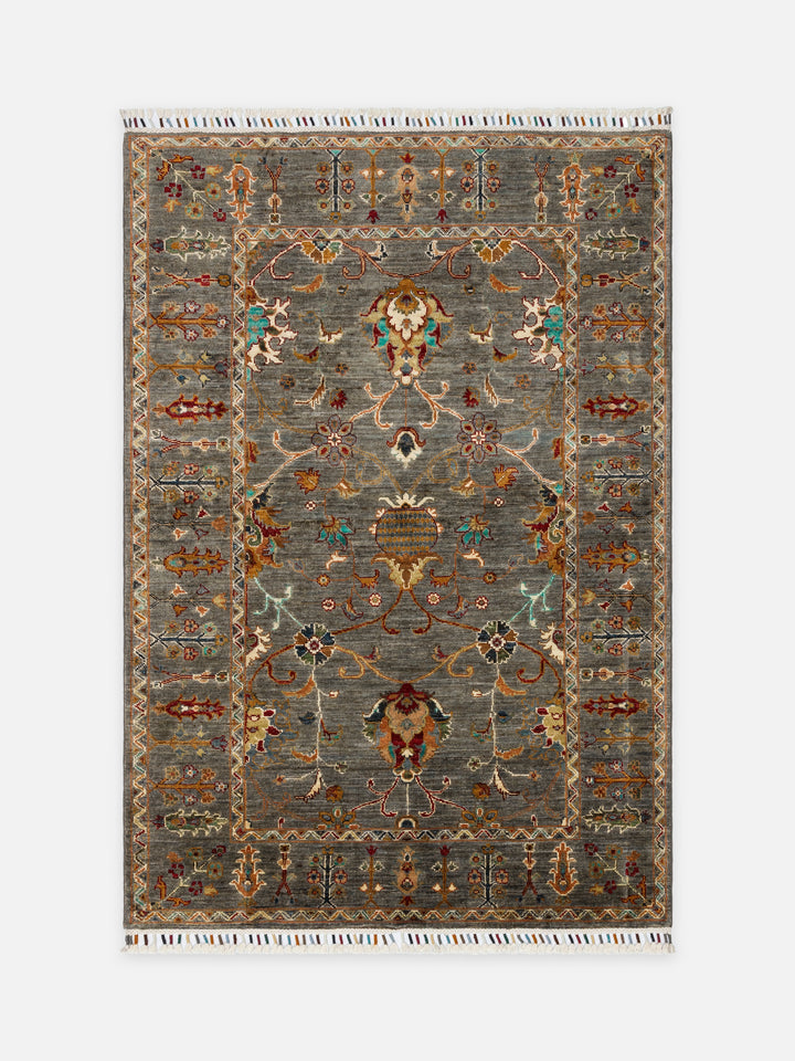 El dokuma Afgan halı gri bitkisel desen 122x177 cm - kusbakisi