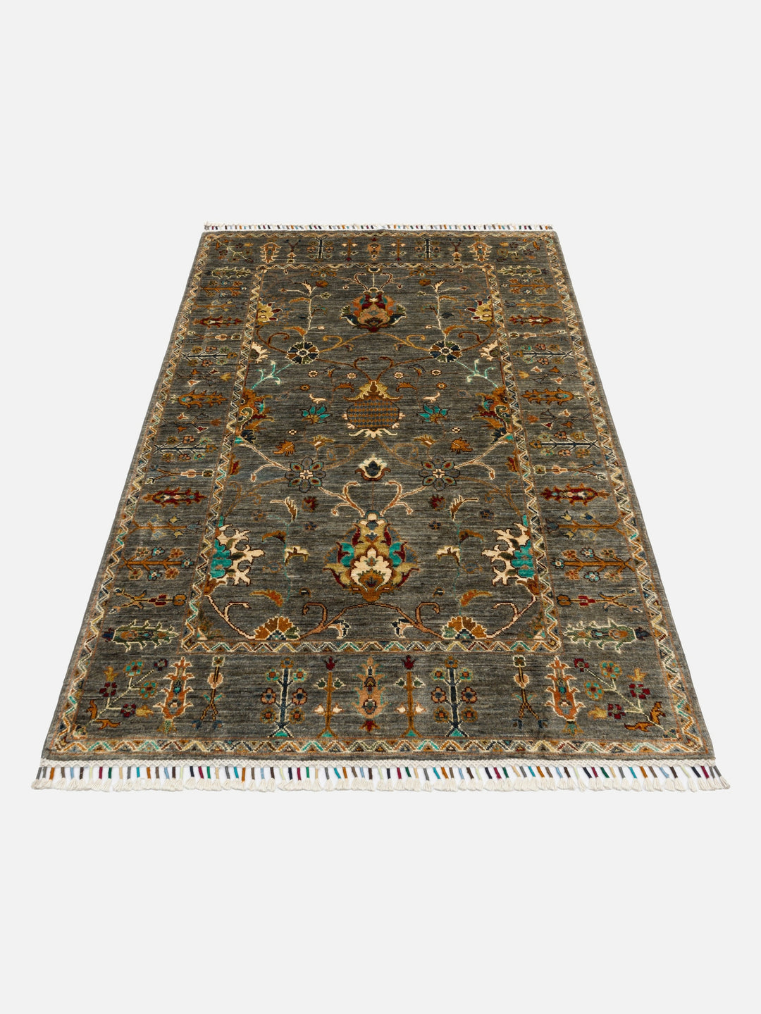 El dokuma Afgan halı gri bitkisel desen 122x177 cm
