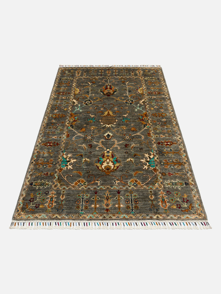 El dokuma Afgan halı gri bitkisel desen 122x177 cm
