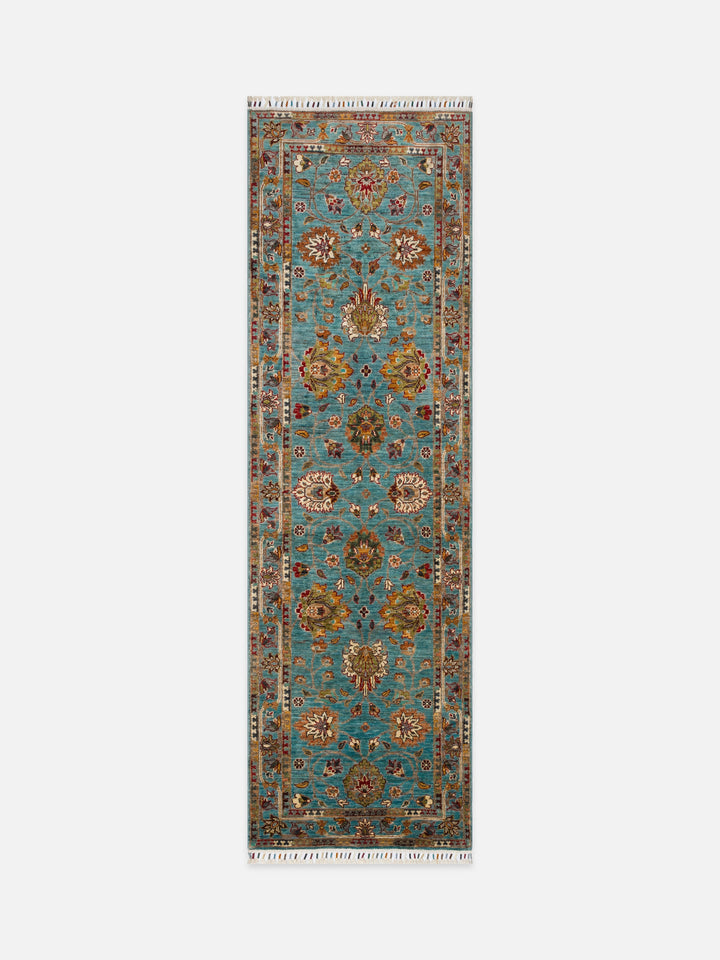 El dokuma Afgan halı petrol mavisi bitkisel desen 85x271 cm - kusbakisi