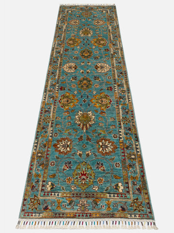 El dokuma Afgan halı petrol mavisi bitkisel desen 85x271 cm