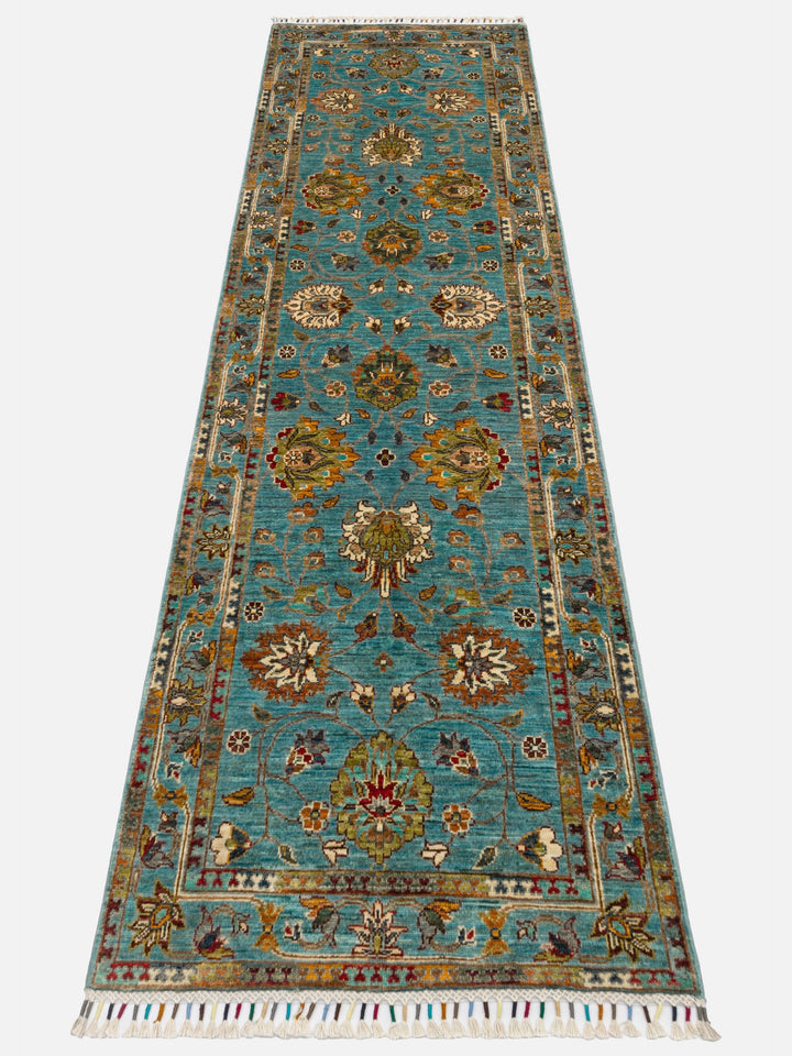 El dokuma Afgan halı petrol mavisi bitkisel desen 85x271 cm