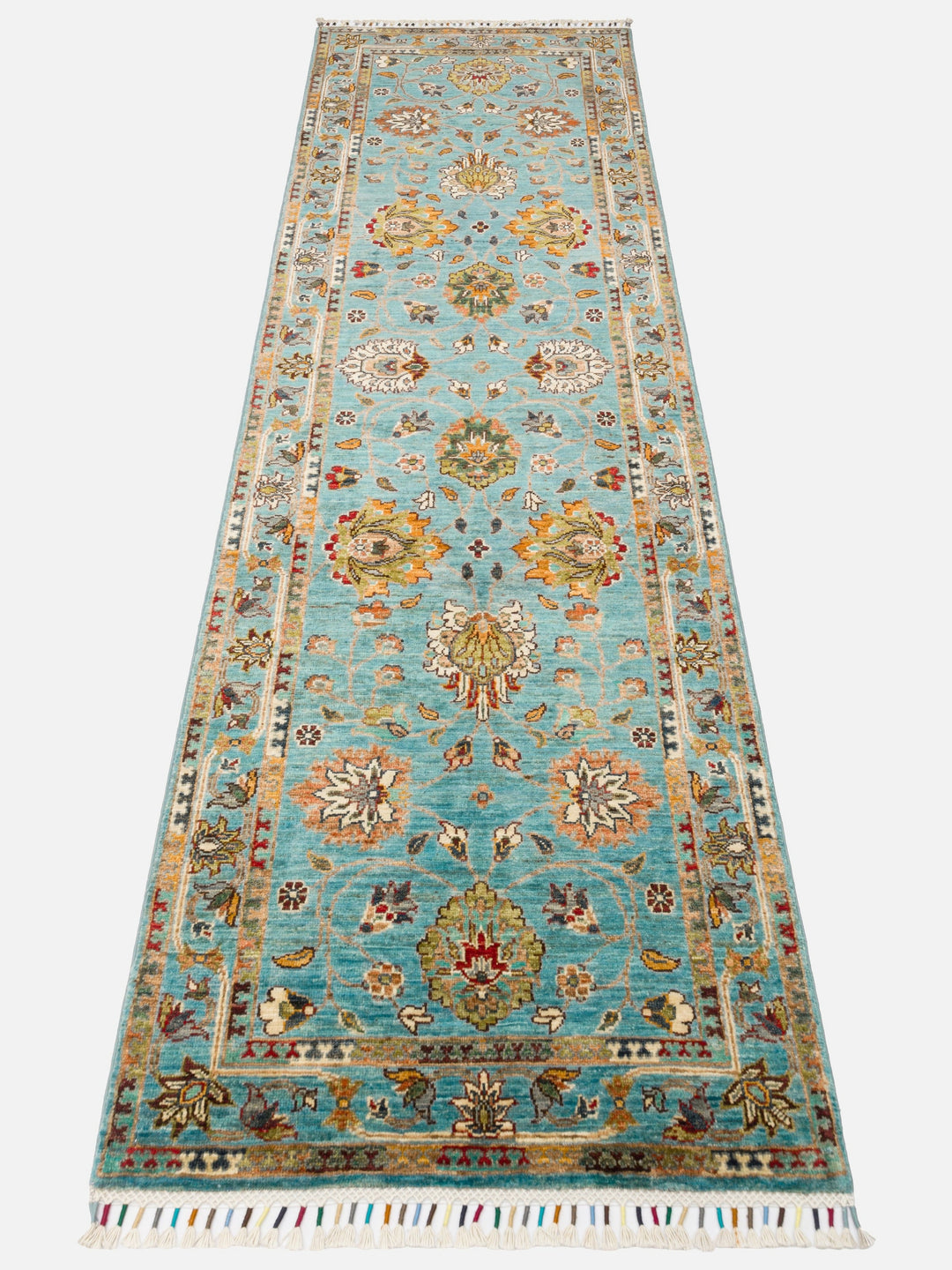 El dokuma Afgan halı petrol mavisi bitkisel desen 85x271 cm