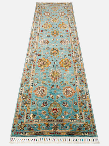 El dokuma Afgan halı petrol mavisi bitkisel desen 85x271 cm