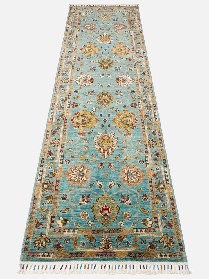 El dokuma Afgan halı petrol mavisi bitkisel desen 85x271 cm