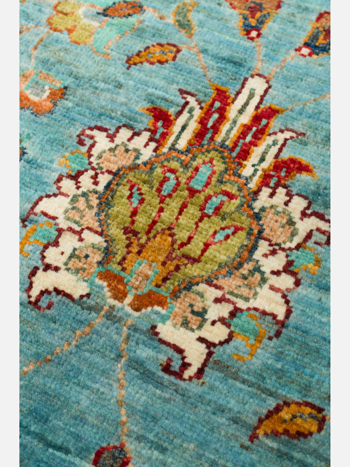El dokuma Afgan halı petrol mavisi bitkisel desen 85x271 cm