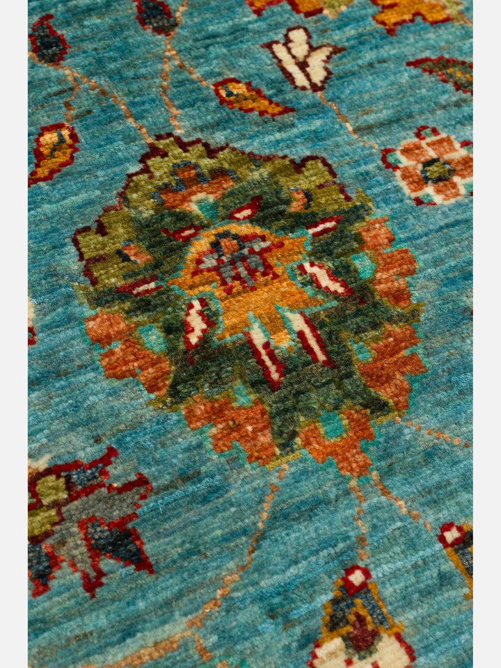 El dokuma Afgan halı petrol mavisi bitkisel desen 85x271 cm