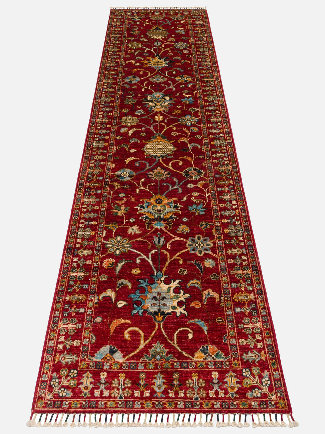 El dokuma Afgan halı kırmızı bitkisel desen 84x289 cm
