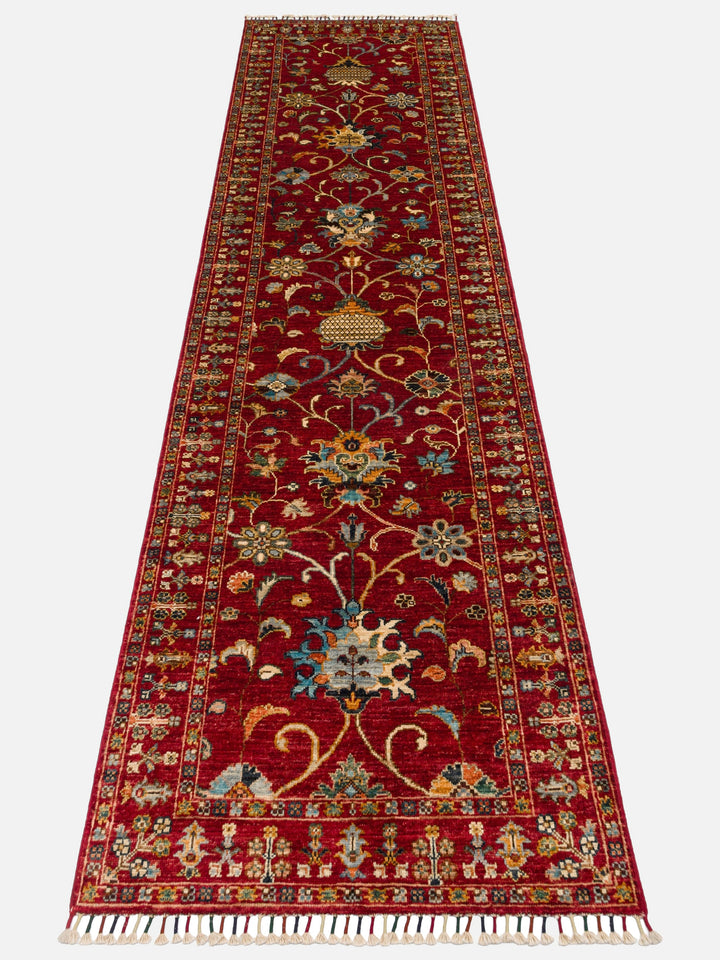 El dokuma Afgan halı kırmızı bitkisel desen 84x289 cm
