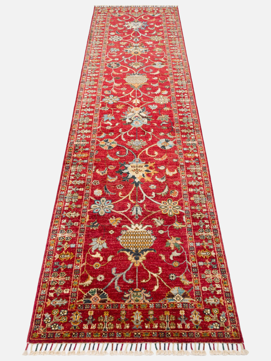 El dokuma Afgan halı kırmızı bitkisel desen 84x289 cm