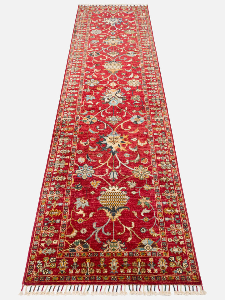 El dokuma Afgan halı kırmızı bitkisel desen 84x289 cm