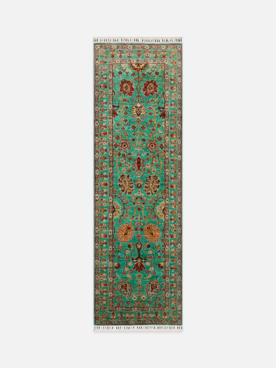 El dokuma Afgan halı turkuaz bitkisel desen 81x251 cm - kusbakisi