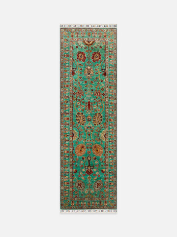 El dokuma Afgan halı turkuaz bitkisel desen 81x251 cm - kusbakisi