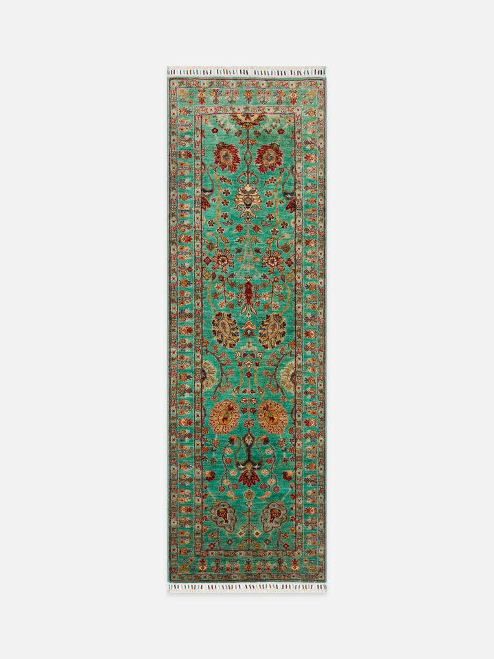 El dokuma Afgan halı turkuaz bitkisel desen 81x251 cm - kusbakisi