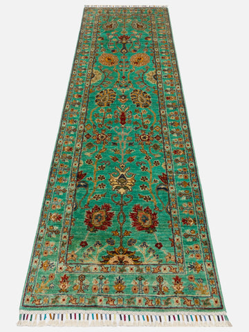 El dokuma Afgan halı turkuaz bitkisel desen 81x251 cm