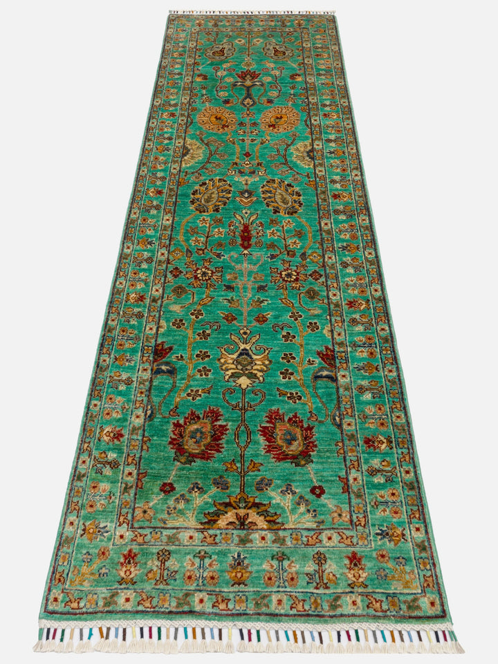 El dokuma Afgan halı turkuaz bitkisel desen 81x251 cm