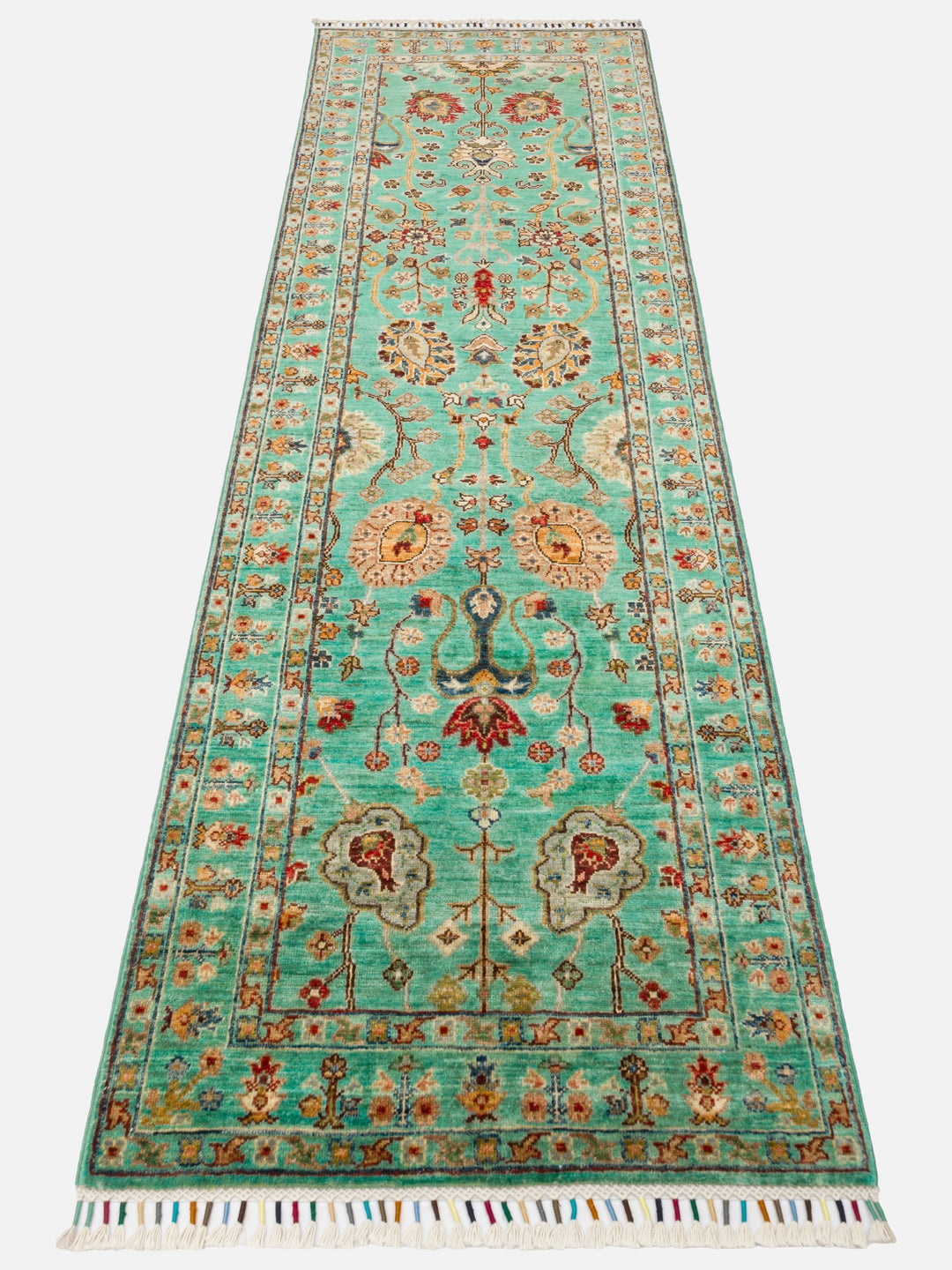 El dokuma Afgan halı turkuaz bitkisel desen 81x251 cm