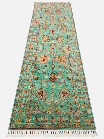 El dokuma Afgan halı turkuaz bitkisel desen 81x251 cm